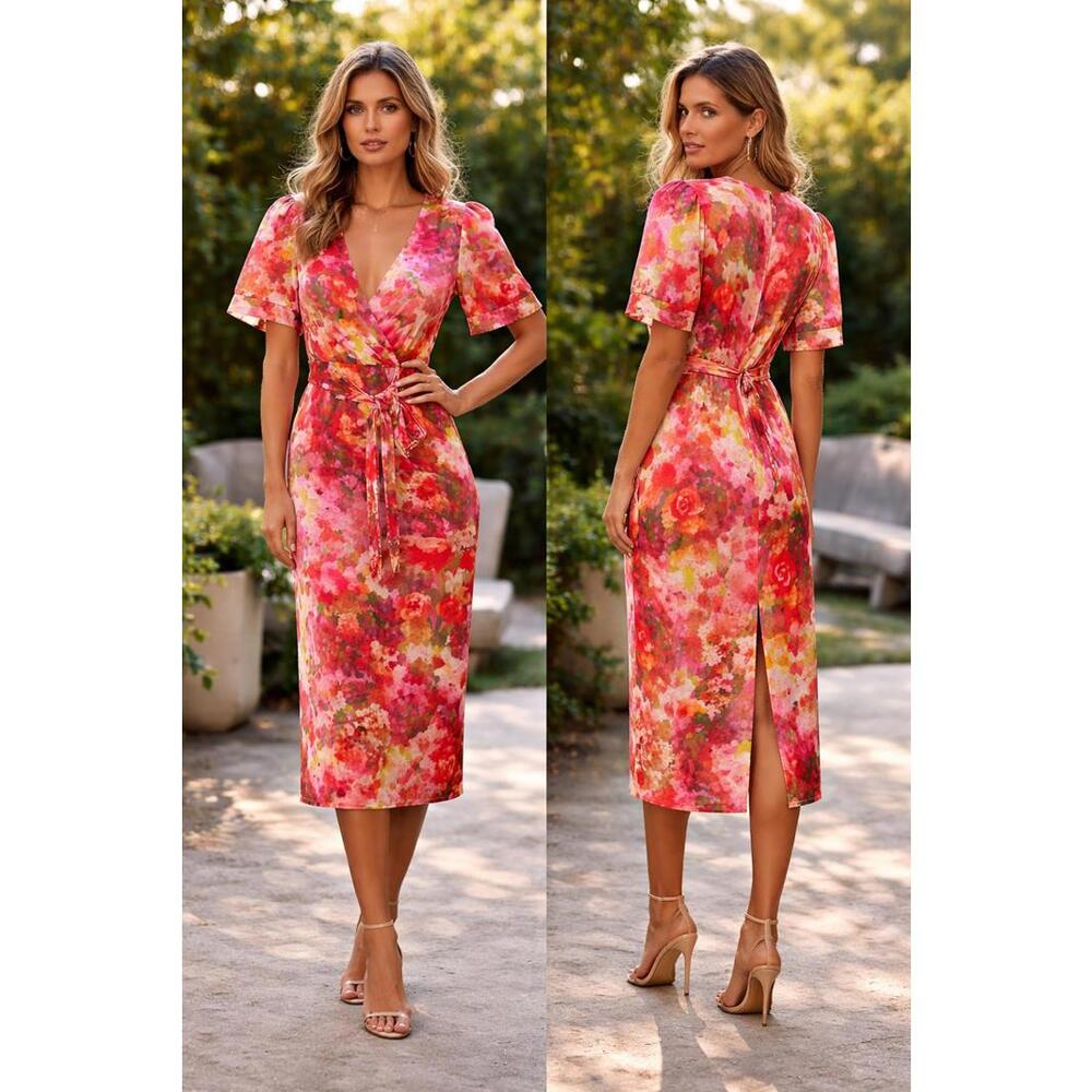 Badgley sz 4 Vibrant Floral Wrap Midi Dress Puff Sleeve Garden Party Elegance